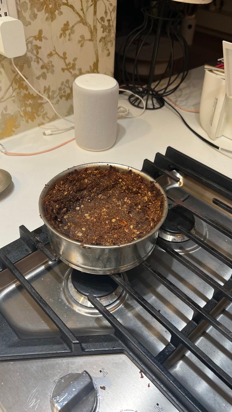 Moka pot brewing the coffee that goes into the cake